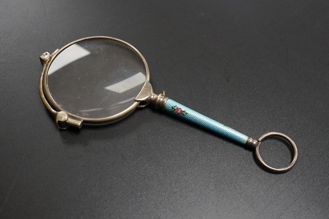 A pair of Continental silver and guilloche enamel lorgnettes, 10cm in length
